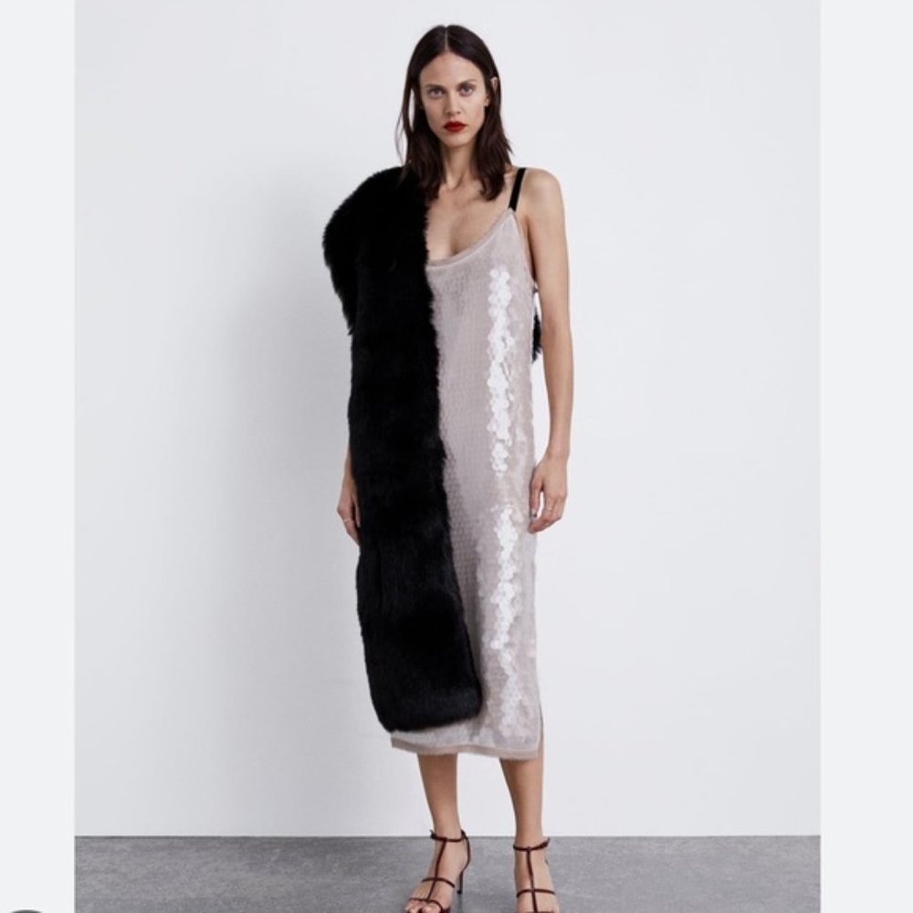 Zara beige nude sequin A-line midi dress